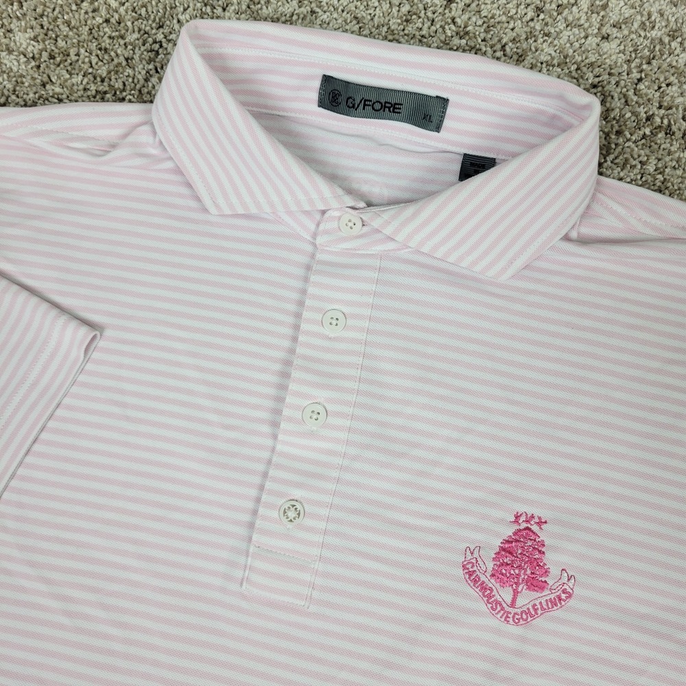 G/FORE Mens XL Pink White Striped Performance Stretch Golf Polo Short Sleeve